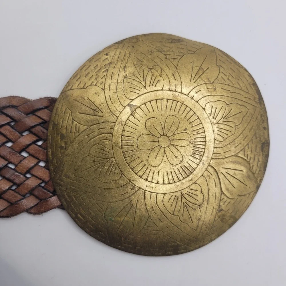 Brown Leather Belt Large Medallion Buckle Floral Etched Boho Boho Artisan Hippie